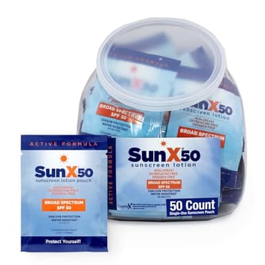 CoreTex Sun X 50 SPF Broad Spectrum Sunscreen Packets - Fishbowl Pack of 50 Paraben, Oxybenzone, Octinoxate, & Oil Free Sunscreen - No White Cast and Water Resistant Up to 80 Minutes