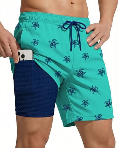 7 Inch 7in Men Swim Trunks Compression Liner Quick Dry Drawstring Male Swimwear Swimsuit Swimtrunks Boardshorts Bathing Suit Fair Beach Water Shorts Zipper Mesh Pocket Lined Inseam Harbor Turtle Aqua