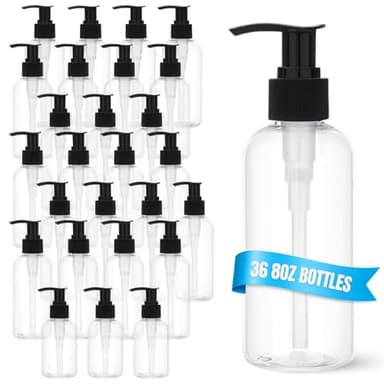 ReGar 36 Pack Empty Pump Bottles 8oz – Clear Plastic Refillable Containers with Locking Pump Dispenser for Lotion, Shampoo, Soap, Oil, Cream, Conditioner, Travel Size Bulk Toiletry Bottles