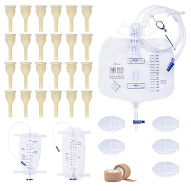 External Condom Catheters for Elderly Men Age 80, 24 Soft Latex, 5 Catheter Stabilization Devices, 750 & 1000 ml Catheter Leg Bags, 2000 ml Catheter Bags, 2 Rolls of Tape, for Male Incontinence
