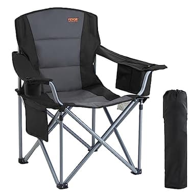 VEVOR Oversized Camping Folding Chair, Portable Heavy Duty Outdoor Quad Lumbar Back Padded with Side Pockets, Cup Holder and Cooler Bag for Beach, Lawn, Picnic, Fishing, Backpacking, Black