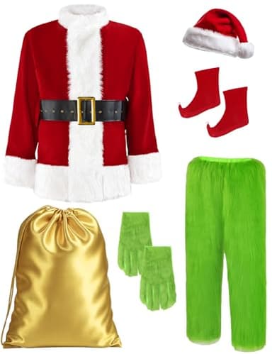 Earado Christmas Green Furry Monster Santa Costume for Men 8 PCS Deluxe Adult Santa Suit Xmas Holiday Outfit Set Include Mask XL