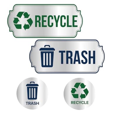 Trash and Recycle Stickers 4-Piece Set - Sorting Sign for Indoor, Outdoor Use - Waterproof Silver Finished Self-Adhesive Labels for Trash Can