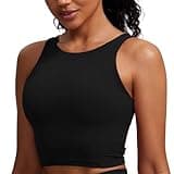CRZ YOGA Butterluxe Womens High Neck Longline Sports Bra - U Back Padded Crop Workout Tank Top with Built in Pads Black Small