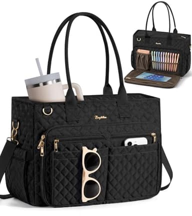 Teacher Tote Bags for Women, 15.6 inch Laptop Work Tote Nurse Bible Bag With Large Cup Holder & Insulated Pocket Quilted Shoulder Handbag Laptop Briefcase for Work, Daily, School, Travel, Gifts