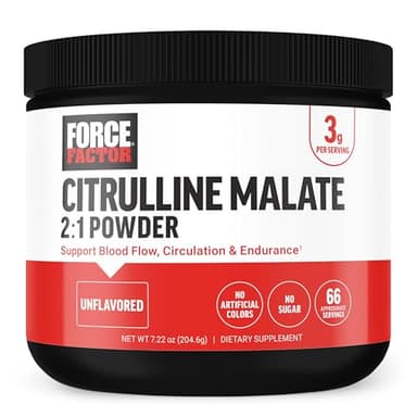 Force Factor Citrulline Malate 2:1, L Citrulline Supplement for Men to Boost Nitric Oxide, Blood Flow, Muscle Pumps, and Performance, L Citrulline Powder Pump Supplement, Unflavored, ~66 Servings