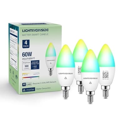 Lightinginside Matter Candelabra Smart Light Bulbs 60W Equivalent, Candle E12 LED Bulb Compatible with Alexa/Siri/Apple Home/Google Home/SmartThings, RGBCW, 2.4G WiFi, ETL Listed, Hub Required, 4PCS