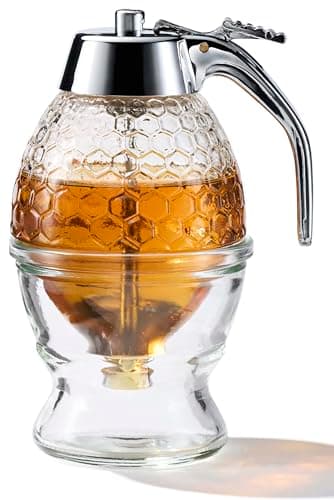 PAULSWAY Stainless Steel Shaft, Glass Honey Dispenser, Sleek Silver ABS Lid – No Drip Glass with Stand – 8 oz Honey Jar – Honeycomb Design Container – Honey Pot for Honey, Maple Syrup