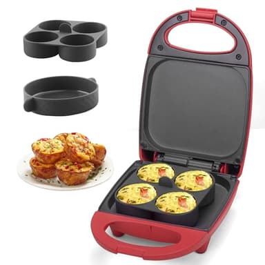 SugarWhisk Egg Bite Maker with 2 Silicone Egg Molds for Breakfast Sandwiches, Breakfast Maker, Omelet Pan, Healthy Snacks or Desserts, Red