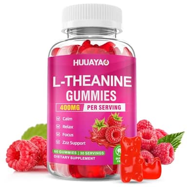 HUUAYAO L-Theanine Gummies 400mg, L-Theanine Supplement for Kids & Adults with Ashwagandha, GABA, 5HTP for Calm, Zzz & Relaxation Support, Raspberry Flavor, 60 Counts