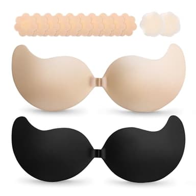 Cmojsk Strapless Sticky Push-Up Bra for Women,Adhesive Invisible Backless Nipple Covers,2 Pair Black/Beige