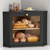 Goozii Corner Bread Box for Kitchen Countertop, Black Bread Storage Container for Homemade Bread, Two Layer Breadbox under Cabinet Mount, Large Bread Holder for Kitchen Counter, Panry Shelf