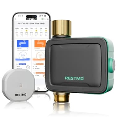 RESTMO Smart Sprinkler Timer with Flow Meter, Water Timer for Garden Hose, Brass Inlet & Outlet, Automatic Lawn & Yard Irrigation Watering System, APP Remote Control (RF Hub + WiFi Connection)
