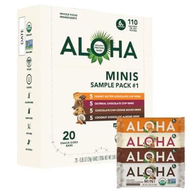 ALOHA Organic Plant Based Protein Bar MINIS | VARIETY PACK | GLP-1 Friendly, 20 Count, 24g Bars | Vegan, Low Sugar, Gluten Free, Low Carb, Non-GMO, No Stevia, No Soy, No Sugar Alcohols