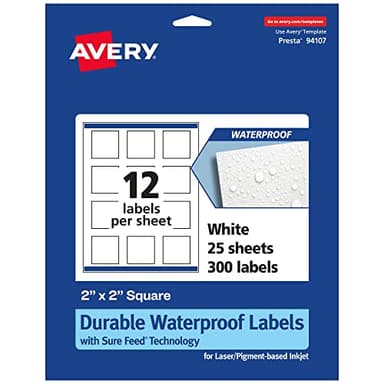 Avery Printable Durable White Square Labels, Sure Feed Technology, 2" x 2", Print-to-The-Edge, Waterproof Labels, Laser & Pigment-Based Inkjet Compatible, 300 Total