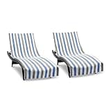 Arkwright Cabo Chaise Lounge Cover - Pack of 2 - Striped Soft Cotton Cabana Towel with Pocket Holder for Beach Pool Outdoor Chair, 30 x 85 in., Cornflower Blue/Grey