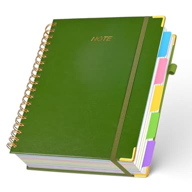 FREBLASO 5 Subject Notebook with Removable Dividers Tabs, 300 Pages Leather Hardcover Spiral Notebook College Ruled, 8"x10" Large B5 Notebooks for Work School, Lined Journal for Women,Green