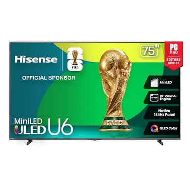 Hisense 75" Class U6 Series Mini-LED 4K UHD Smart Fire TV (75U65QF, 2025 Model) - QLED, HDR10+, Native 144Hz, Dolby Vision IQ, Dolby Atmos, Game Mode Pro, ALLM, Alexa Built in, Black