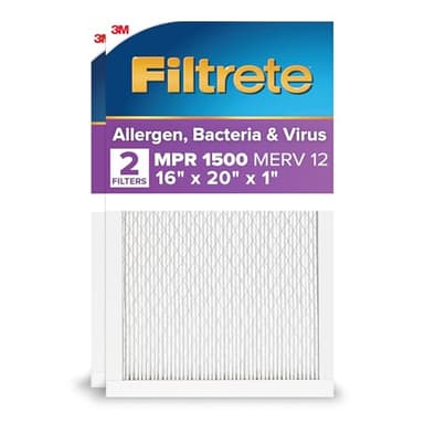 Filtrete 16x20x1 AC Furnace Air Filter, MERV 12, MPR 1500, CERTIFIED asthma & allergy friendly, 3 Month Pleated 1-Inch Electrostatic Air Cleaning Filter, 2-Pack (Actual Size 15.69x19.81x0.78 in)