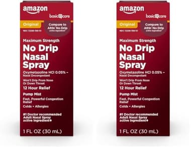 Amazon Basic Care No Drip Nasal_Spray, 12 Hour Nasal Decongestant, Pump Mist, Oxymetazoline HCl, Cold and Allergy Nasal Spray, 1 fl oz (Pack of 2)