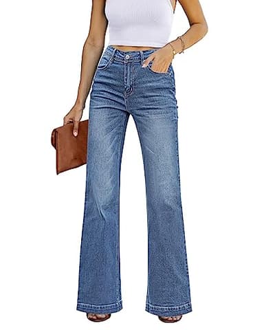 GRAPENT Womens Jeans Size 12 Womens Plus Size Jeans for Women Stretch High Waisted Flare Ripped Stretchy 70s Outfits for Women Wide Leg Pants 14 Bay Blue