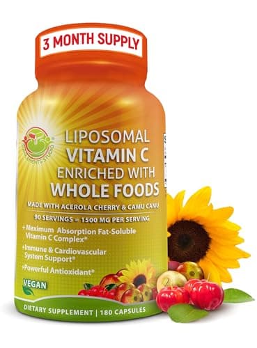Liposomal Vitamin C Capsules - 1500mg - Made with Organic Acerola Cherries & Camu Camu, High Potency Vitamin C Liposomal - Immune Support Supplement, Enhanced Absorption & Bioavailability - 180 Count