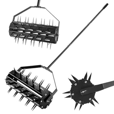 Rolling Lawn Aerator, Rotary Spike Lawn Aerator, Heavy Duty Manual Aerator Lawn Tool, 17-Inch Push Spike Aerator Roller with Adjustable Steel Handle for Garden, Lawns, Patio and Yard Grass Aeration