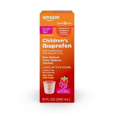 Amazon Basic Care Children's Ibuprofen Oral Suspension 100 mg per 5 mL, Pain Reliever and Fever Reducer, Non-Staining Dye-Free Berry , For Sore Throat, Headache and Toothache, 8 fl oz (Pack of 1)