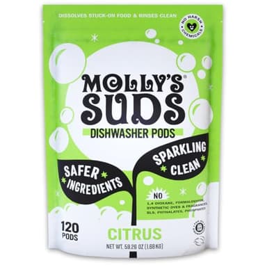 Molly's Suds Dishwasher Pods | Clean Dishwasher Detergent, Cuts Grease & Rinses Clean (Residue-Free) for Sparkling Dishes | 120 Auto-Release Tabs (Citrus)