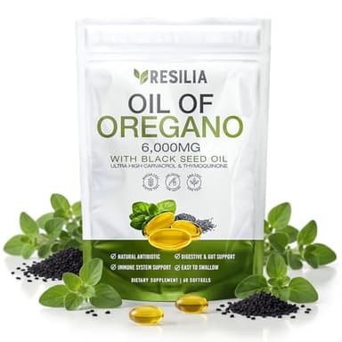 Resilia Softgels with Black Seed Oil 6000mg – Organic Oregano Oil Capsules for Immune & Digestive Support – Non-GMO, Gluten-Free Softgels – Natural Herbal Wellness Supplement (60 Count)