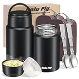 Bolu Fly 2 Pack Soup Thermo for Hot & Cold Food for Adults, Insulated Food Jar, Stainless Steel Vacuum Thermal Lunch Box Containers with Carry Bag and Spoon (18.5oz, 27oz) (Black)