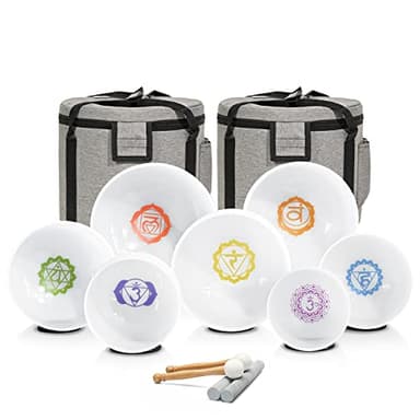 CVNC 432HZ 7-12 Inch Chakra Symbol Design Frosted Quartz Crystal Singing Bowl with 2 PCS Travel Carry Case Bag for Sound Healing