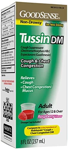 GoodSense Tussin Cough Syrup DM, Raspberry Flavor, Effective Relief for Cough and Chest Congestion, Thins Mucus, 8 Fl Oz