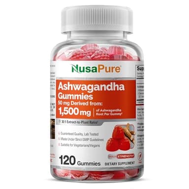 NusaPure Ashwagandha Gummies Root 30:1 Extract, 50 mg Equivalent to 1,500 mg 120 Gummies (Non-GMO, Vegan)