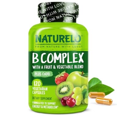 NATURELO Vitamin B Complex,120 Capsules, Vegan, CoQ10, Methyl Folate, Biotin, Fruit & Veg Blend, Supports Energy and Healthy Stress Response, Super B Complex Vitamins for Women and Men