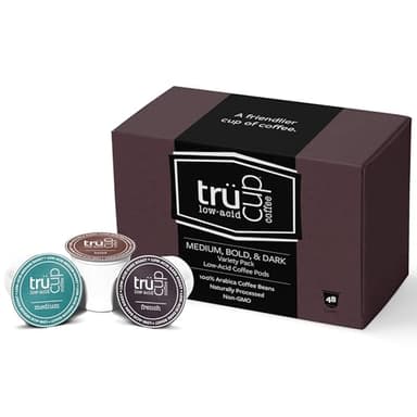trücup Low Acid Coffee K-Cups - Medium + Bold + Dark Roast - Single Serve Coffee Pods - Can Be Gentle on the Stomach (36 Count)