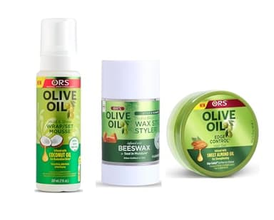ORS Olive Oil Hold & Shine Wrap Set Mousse - Style & Sculpt Perfect Blend Wax Stick Styler Olive Oil Edge Control Hair Gel - Bundle