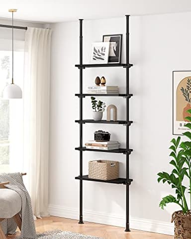 ALLZONE 5 Tiers Narrow Bookshelf, Tall Adjustable Ladder Book Shelf with Open Storage, Floor to Ceiling Tension Mount, Wooden Industrial Bookcase for Living Room, 92 to 116 Inch, Black