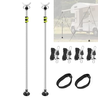 Awning Stabiliz'r Pole Kit - 2 Pack RV Awning Tie Down Kit Pole with 4 Wind Ropes & Accessories, Heavy Duty RV Awning Support Poles Adjustable Length 43" to 112"