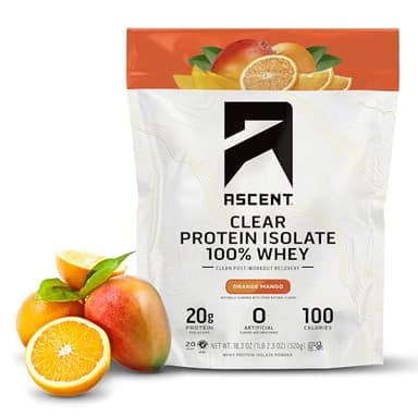 Ascent 100% Clear Whey Protein Powder - Post Workout, Zero Artificial Flavors & Sweeteners, Gluten Free, 5.5g BCAA, 2.1g Leucine, Essential Amino Acids, Orange Mango, 20 Servings