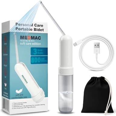 MEDMAC Portable Bidet for Travel, Rechargable USB-C 3 High Pressure Modes Travel Bidet Compact Waterproof Handheld Sprayer Device for Women, Men, Babies - Ideal for Personal Hygiene