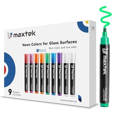 maxtek Neon Dry Erase Markers for Glass,Window Markers for Dry Erase Board,Chalkboard,LED Note Board,Acrylic Refrigerator Calendar,Bullet Tip,Low Odor,Assorted Colors,9 Count