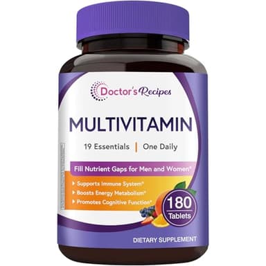 Doctor's Recipes Multivitamin for Women & Men, Immune, Energy & Brain Health Support, Vitamin A, C, D3, E, B6, B12, Folic Acid, Iron, Zinc, Copper, Selenium & Iodine, No Gluten, Non-GMO, 180 Tablets