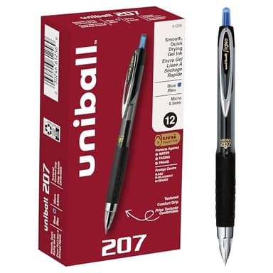 uniball 207 Retractable Gel Pens, Micro Point (0.5mm), Blue, 12 Pack