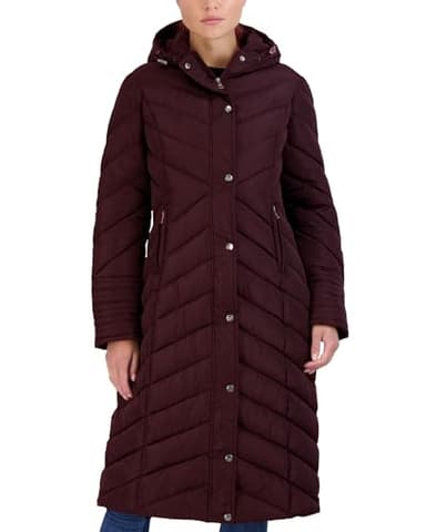 Madden Girl Womens Maxi Puffer Winter Coats - Long Quilted Jackets for Women Weather Resistant Puffer Parka Hooded Jacket, Size Medium, Merlot