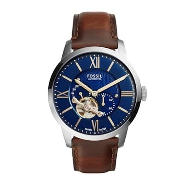 Fossil Men's Watch, Townsman Automatic Stainless Steel and Leather Two-Hand Skeleton Watch for Men, Color: Silver, Brown
