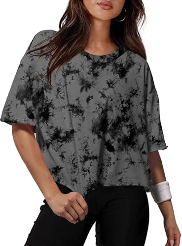 XIEERDUO Graphic Crop Tops for Women 2026 Summer Tie Dye Print Tshirts Drop Shoulder Oversized Crop Tops L