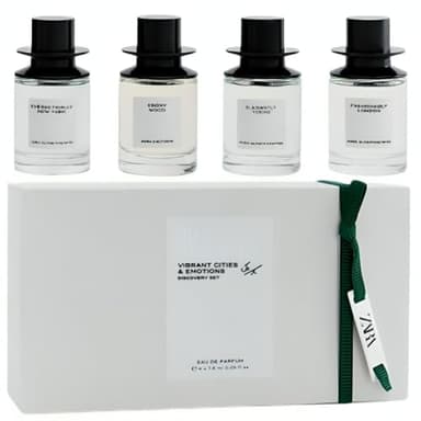 Zara Vibrant Cities and Emotions Discovery Set Perfume for Women Fashionably London Elegantly Tokyo Energetically New York Ebony Wood Jo Loves Collection Eau de Parfum EDP 4x 7.5ml (0.25 fl. oz)