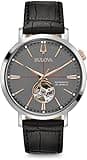 Bulova Men's Classic Aerojet 3-Hand Automatic Leather Strap Watch, Open Aperture, 40-Hour Power Reserve, Double Curved Mineral Crystal, 41mm Style: 98A187