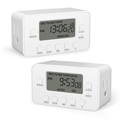 BN-LINK 7-Day Heavy Duty Digital Timer with Dual Outlet, LCD Display, 3-Prong Programmable Design, for Lights, Fans, Coffee Machine, Home, Office, Indoor Use, 125V 15A 1875W, 2 Pack